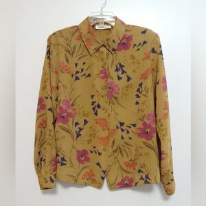 CHAUS | Vintage Tan Multicolored Floral Print Long Sleeve Blouse